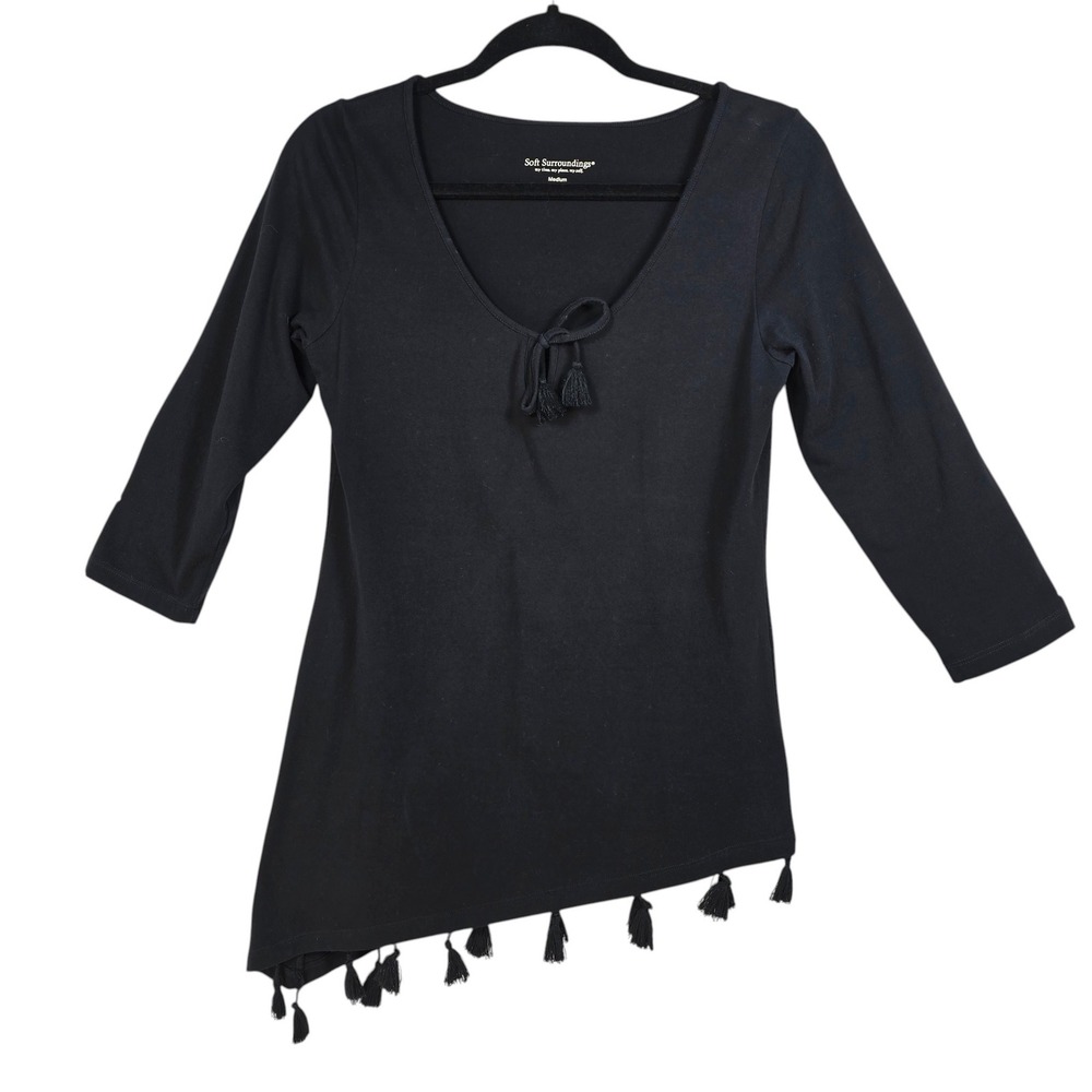 Soft Surroundings Black Tassel Tie V-Neck Asymmetrical Woman‎ Tunic Top Medium